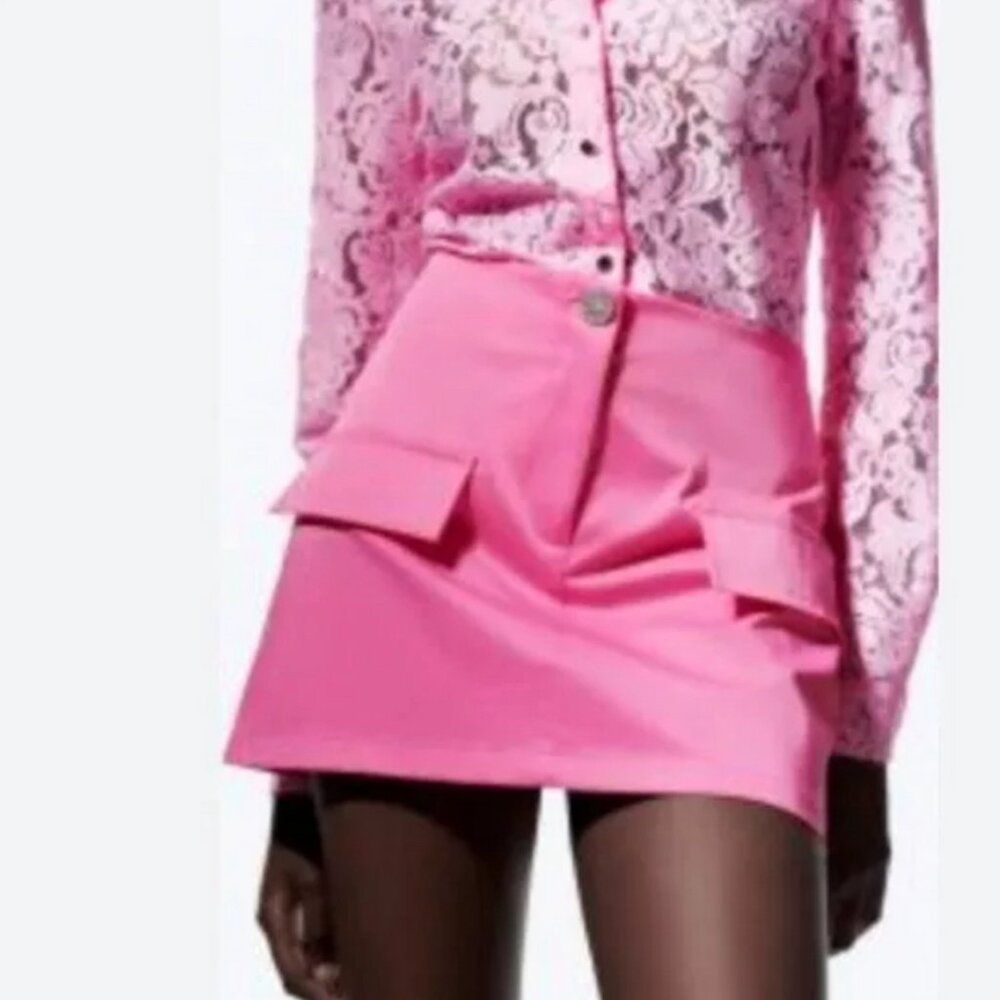 Zara Bubble Gum Pink Satin Cargo Mini Skirt  Size Medium NWT